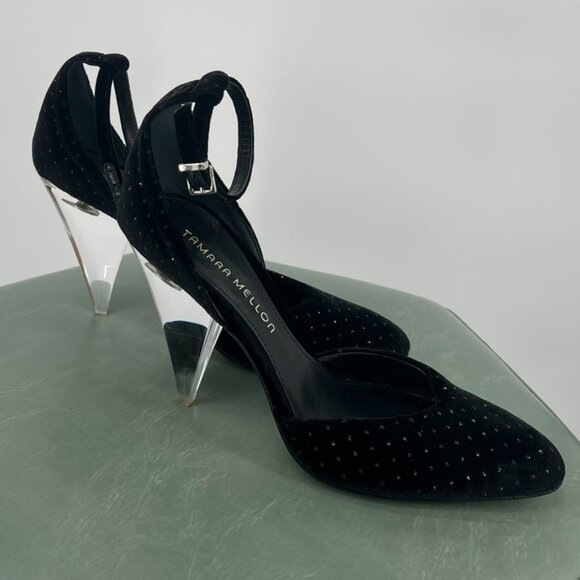 Tamara Mellon Black Velvet Heels with Acrylic Heel size 37.5 - Picture 2 of 9